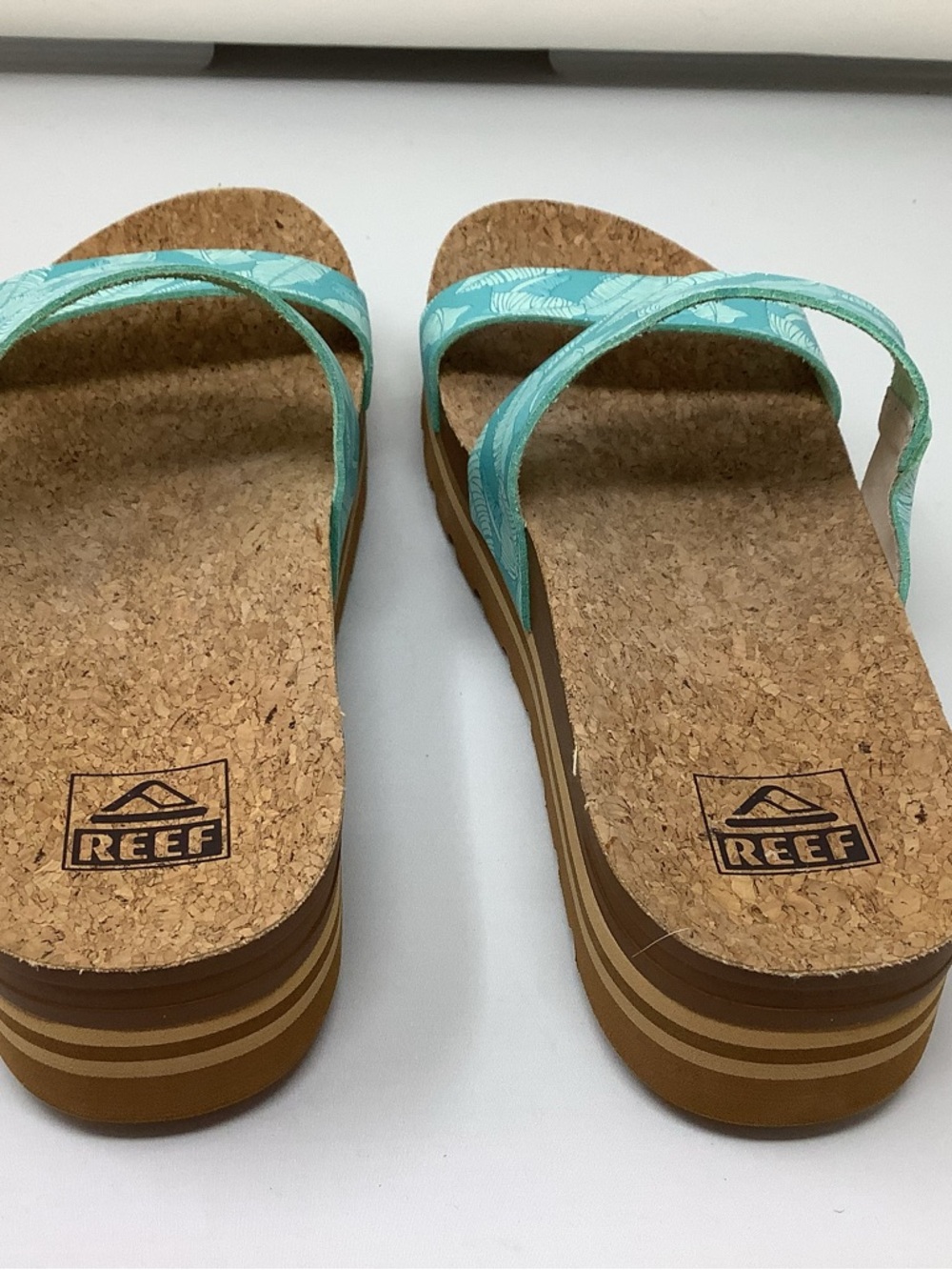 Reef Vista Hi Aqua Palm Leaf Cork Platform Sandals - Picture 3 of 6